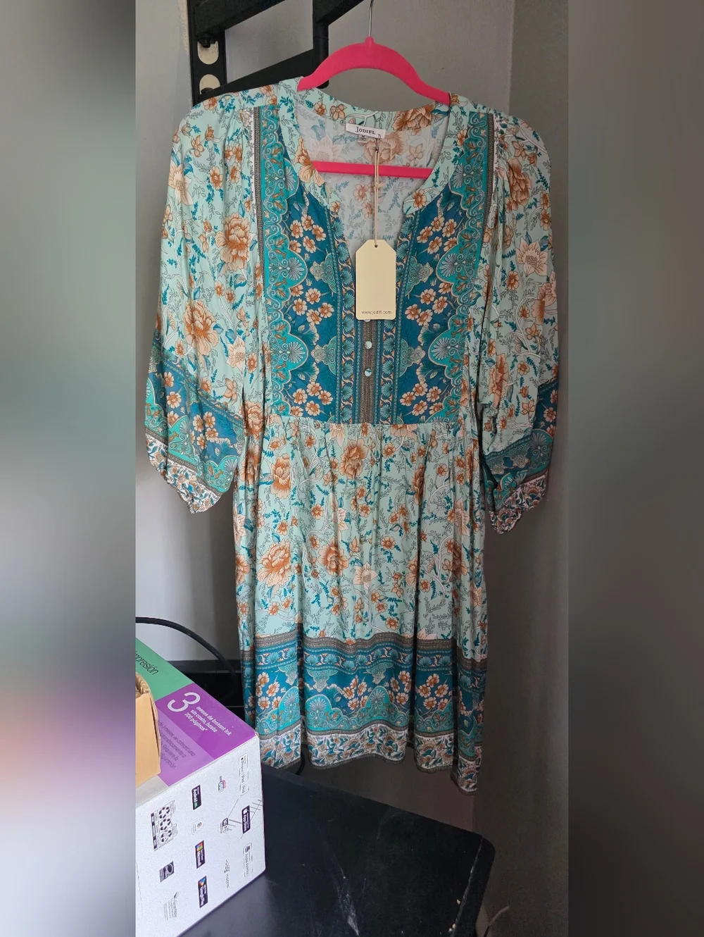 Boho Floral Tiered Midi Dress in Aqua & Teal - Picture 2 of 5